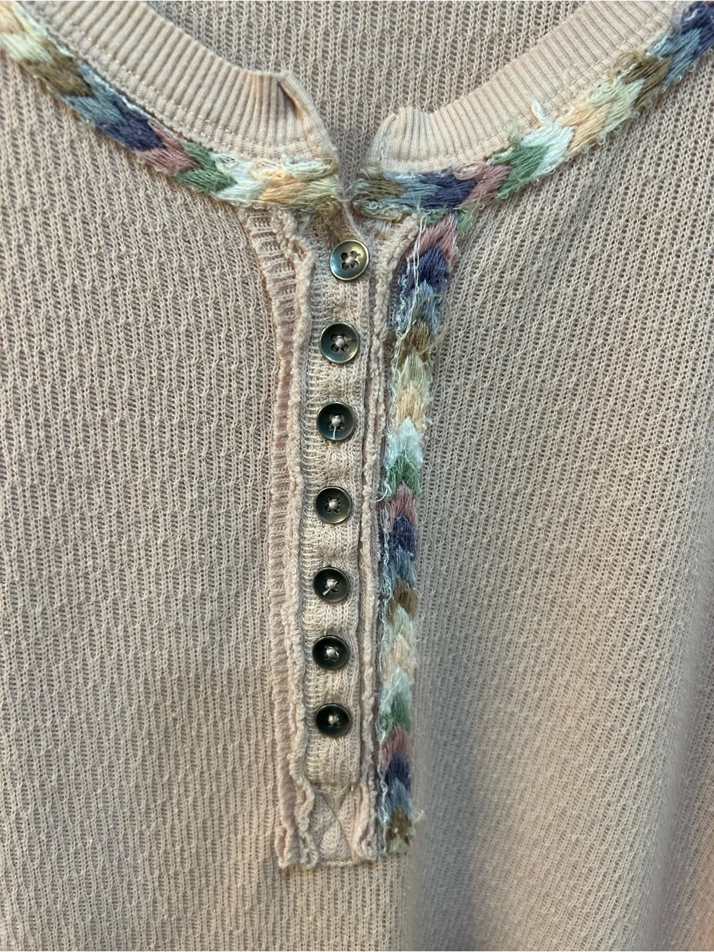 Free People Pink Thermal Henley Size S‎ Rainbow Embroidered Trim Boho Festival